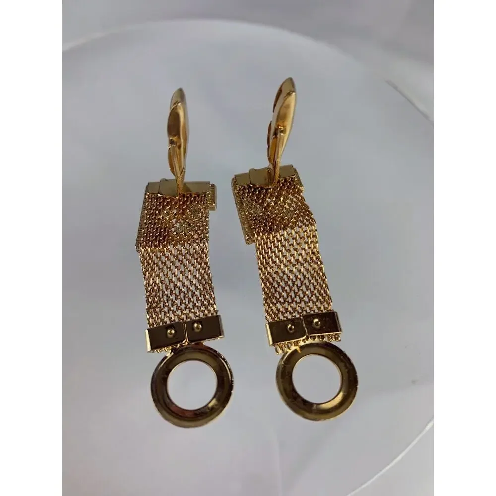 Modernist Block Green Rhinestones Gold Tone Mesh Wrap Cufflinks Vintage N1